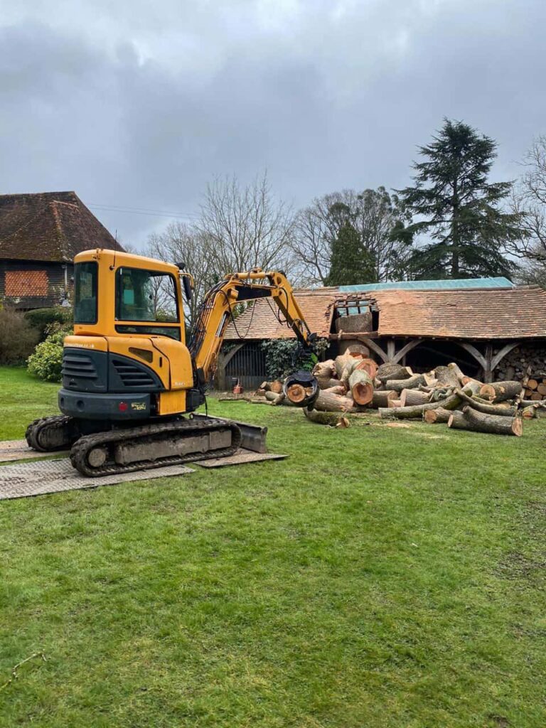 This is a photo of a country house, and the outbuilding has had a tree growing through its roof. The tree is currently being removed in the photo, and there are sections of the tree stump on the ground in front of the building. There is also a JCB which is being used to lift the sections of trunk. Photo taken by Armour Tree Surgery Northampton